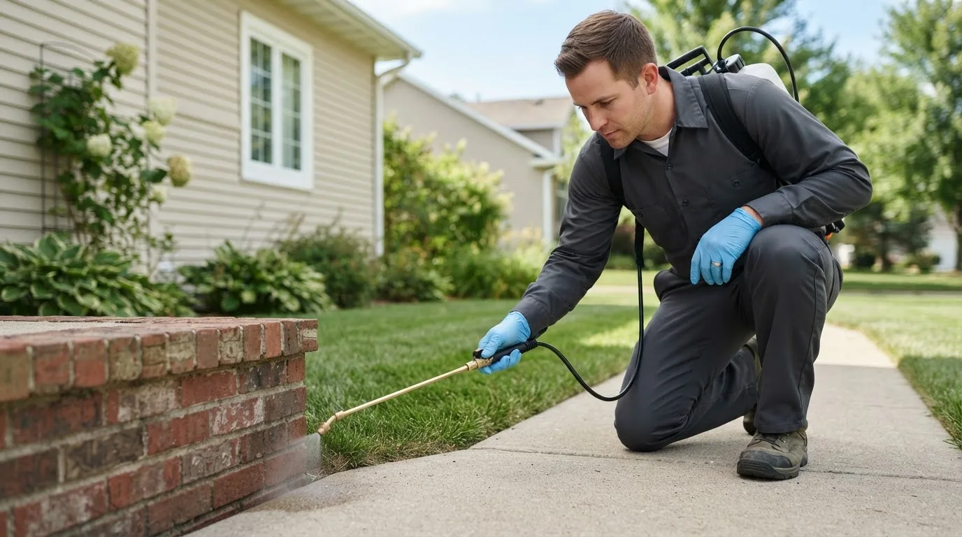 Pest control technician treating a home near Cable, OH