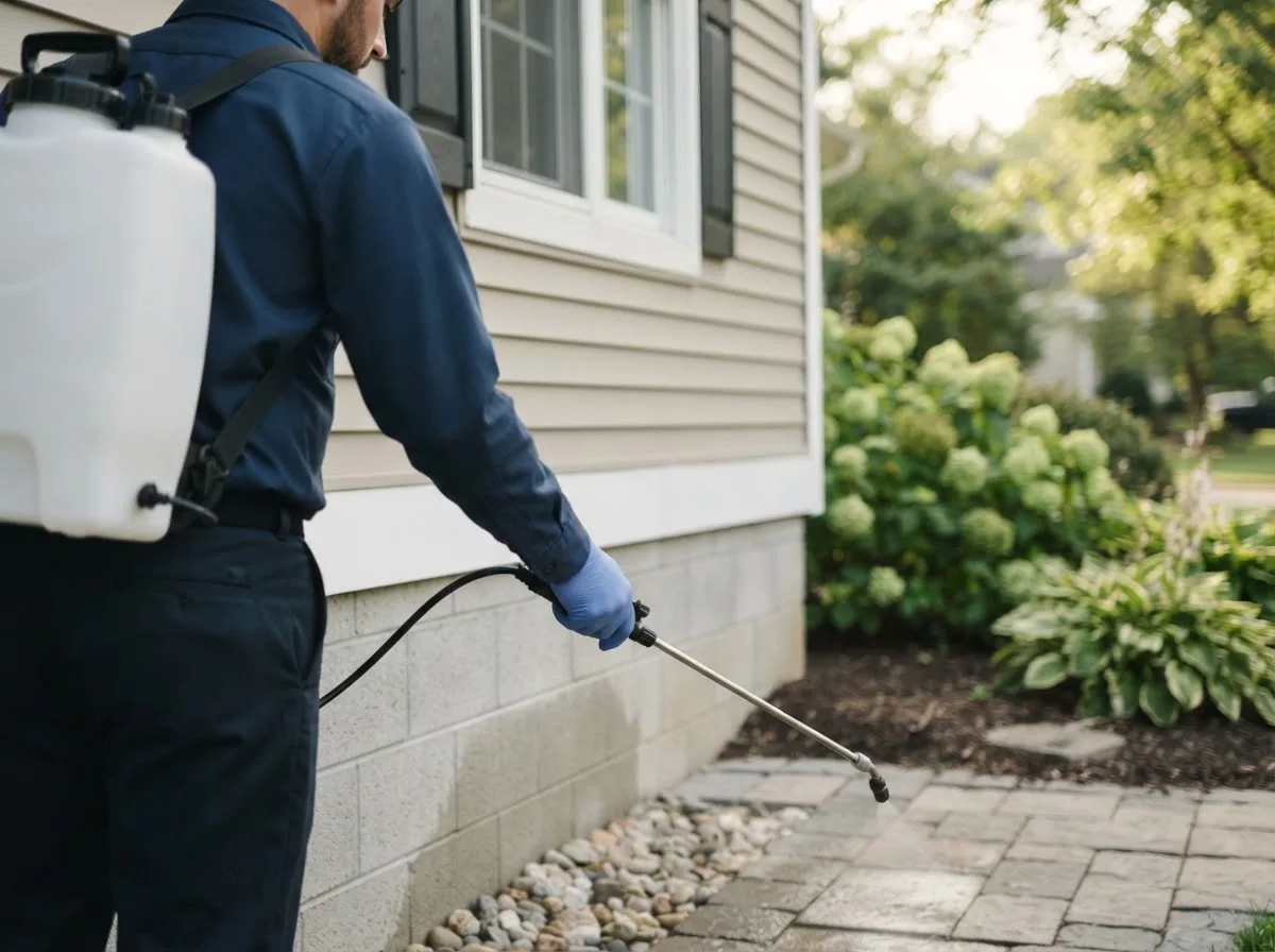 Pest control technician inspecting a home in Cable, OH